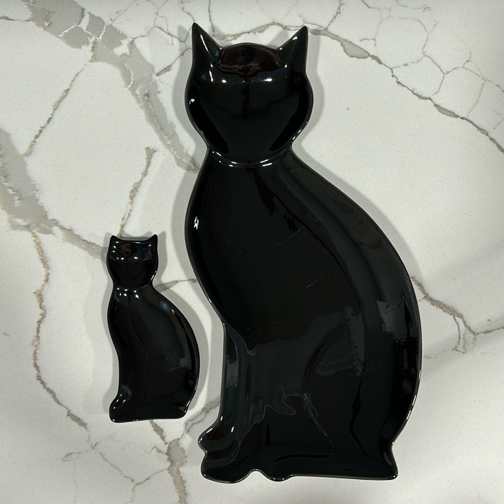Ceramic Halloween Black Cat Serving Tray/Dish With Small Cat Trinket Dish